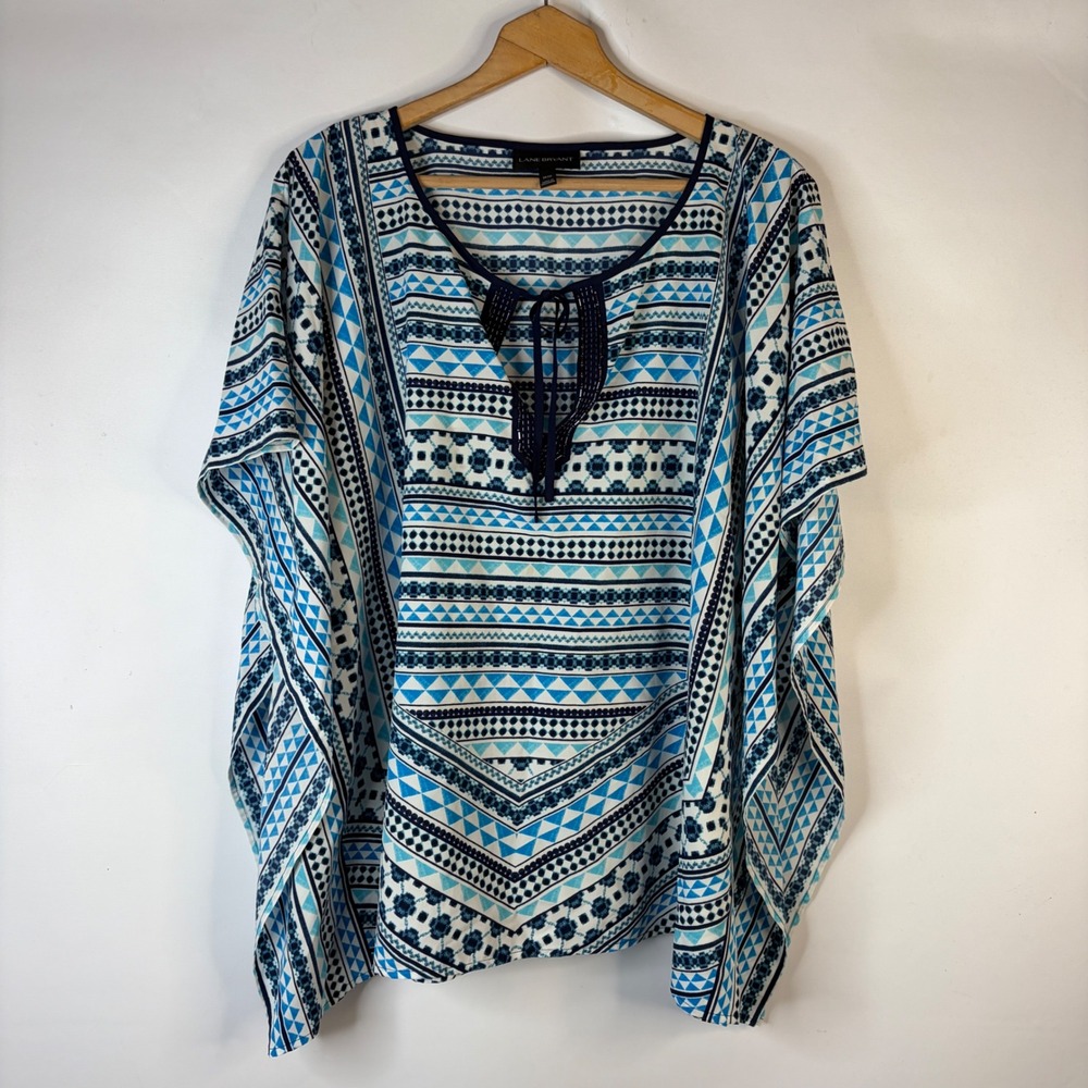 Lane Bryant Poncho Top Women 14/16 Blue Geometric Beaded Tie Neck Kaftan